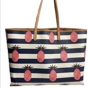 Tory Burch kerrington blue and white striped large tote bag with pink pineapples